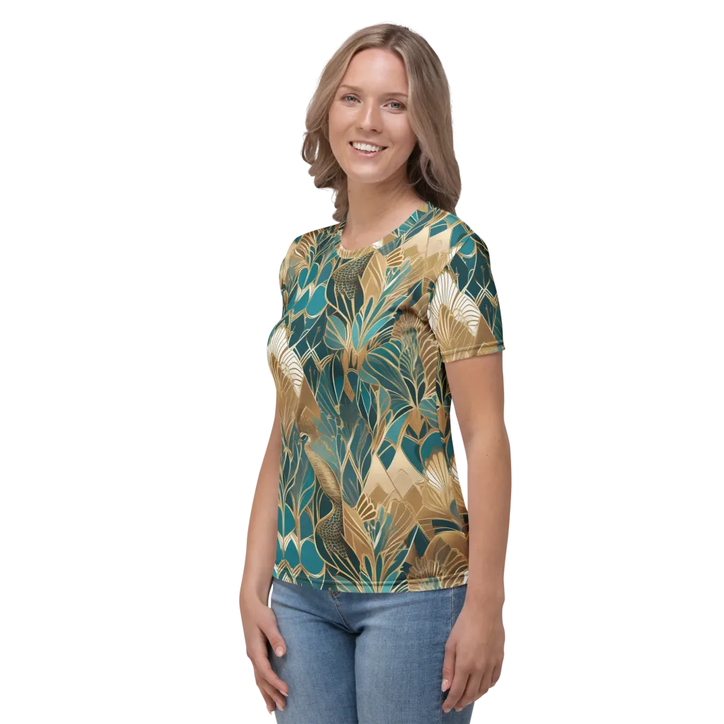 Gilded Peacock Garden on Women's Crew Neck T-Shirt — Left sleeve