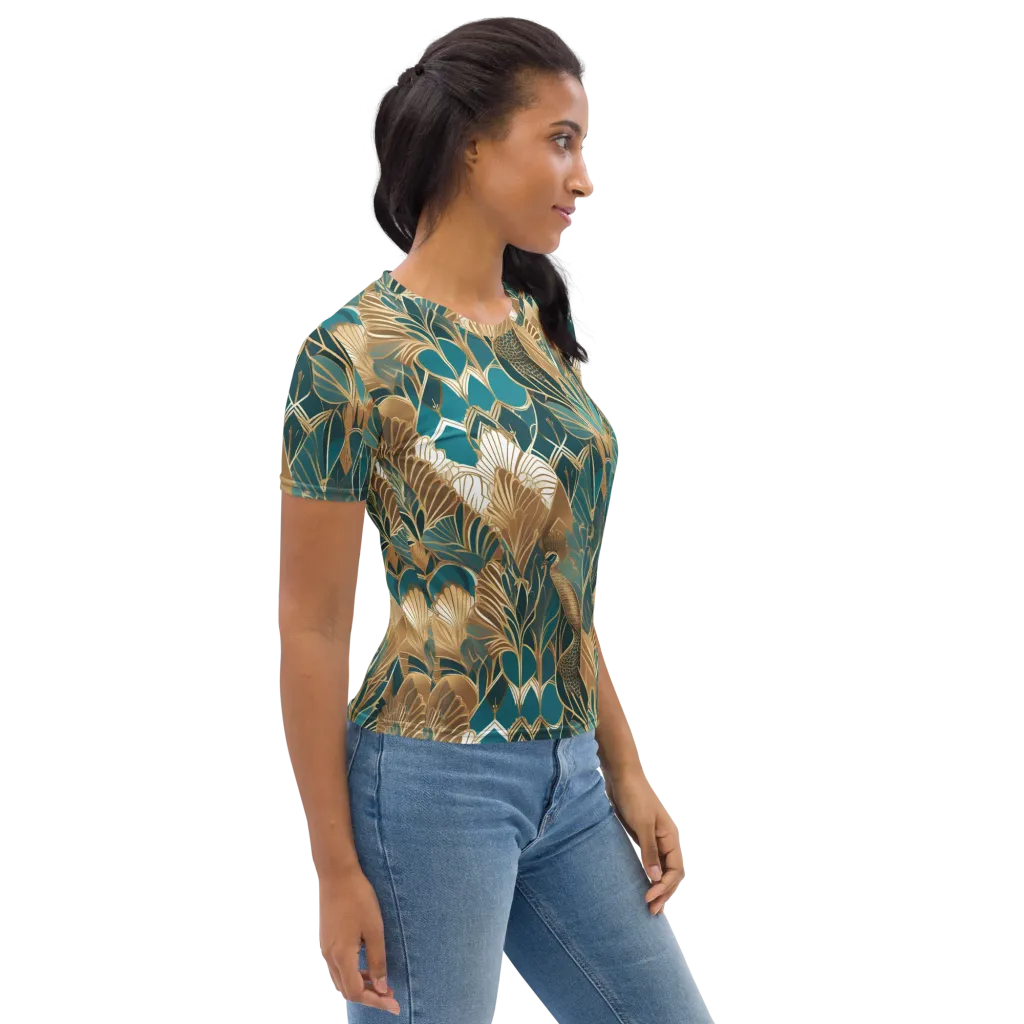 Gilded Peacock Garden on Women's Crew Neck T-Shirt — Right sleeve