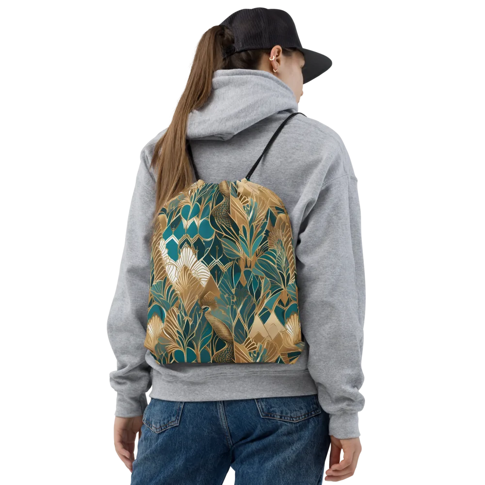 Gilded Peacock Garden on Drawstring Bag — Front