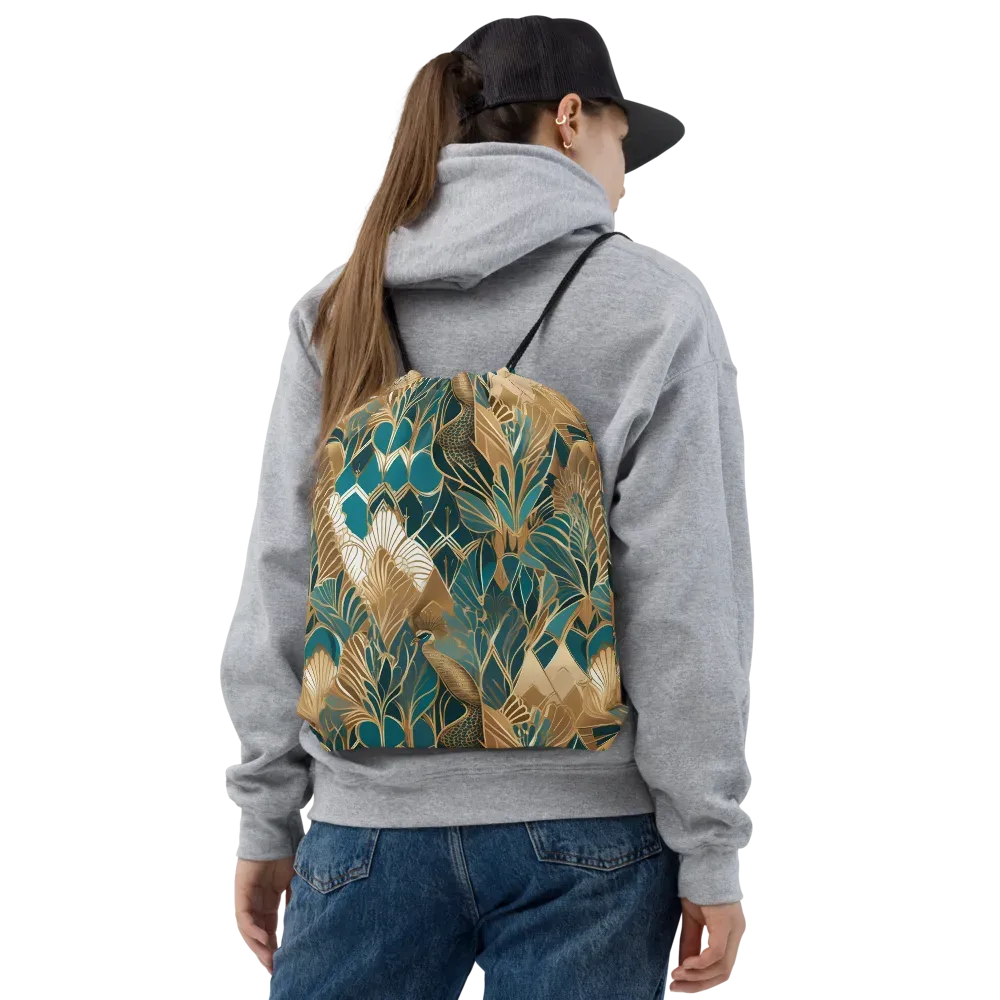 Gilded Peacock Garden on Drawstring Bag — Front