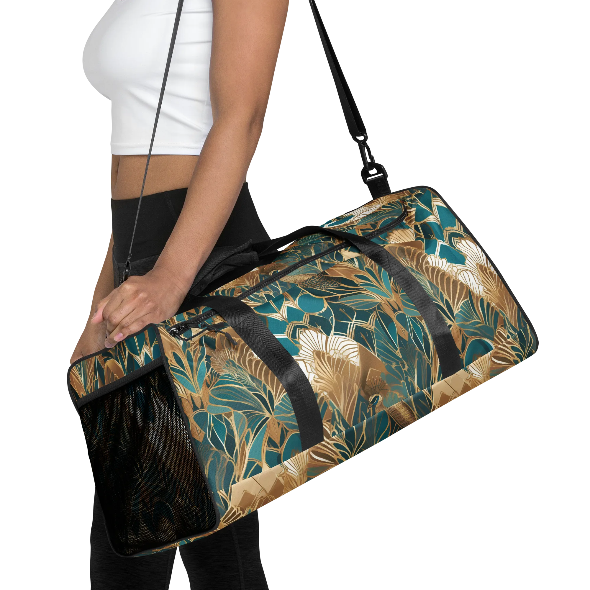 Gilded Peacock Garden on Duffle Bag — Front
