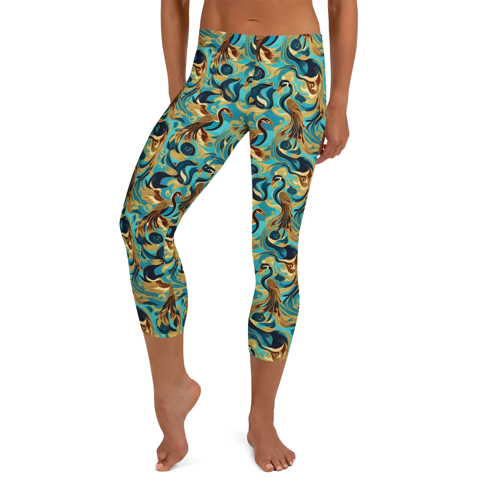 Gilded Crane Rhapsody on Capri Leggings — Front
