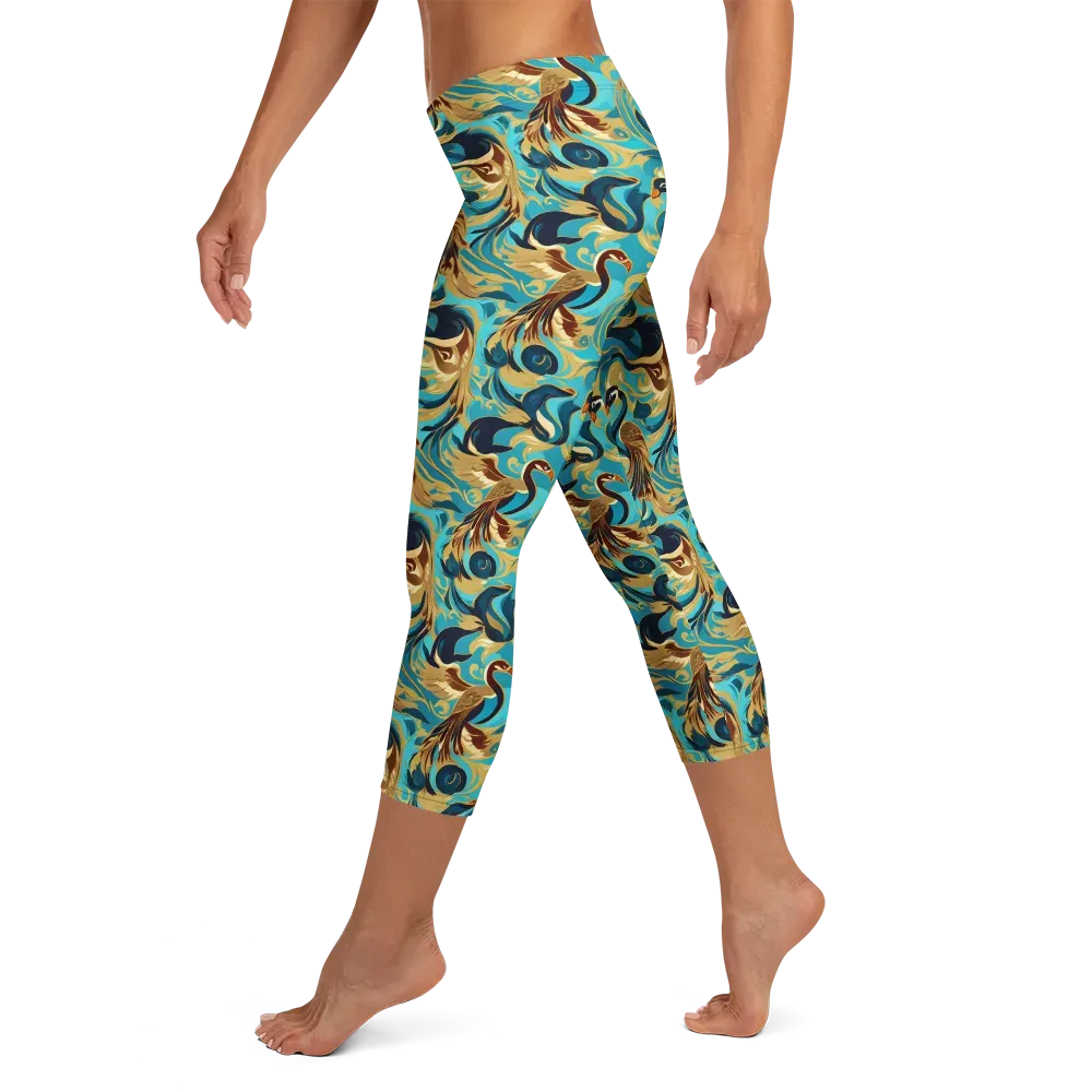 Gilded Crane Rhapsody on Capri Leggings — Left