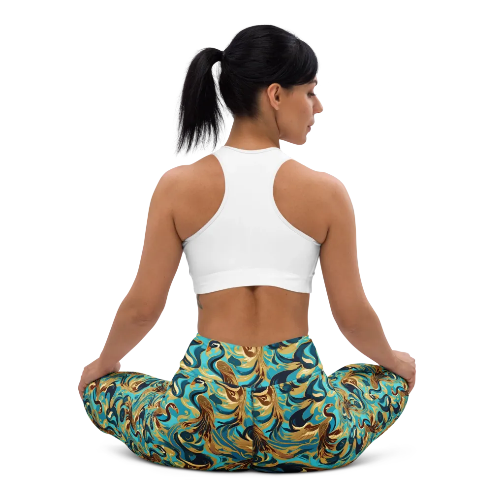 Gilded Crane Rhapsody on Yoga Leggings — Back waist