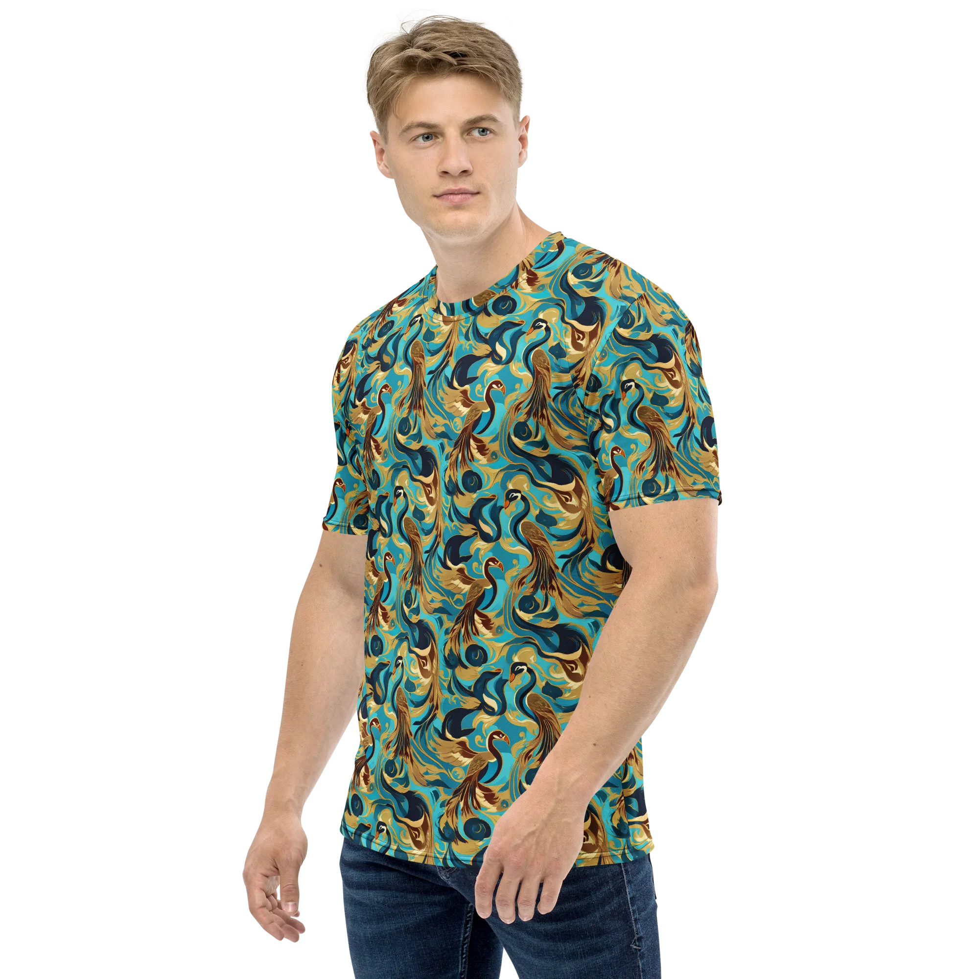 Gilded Crane Rhapsody on Men's Crew Neck T-Shirt — Left sleeve