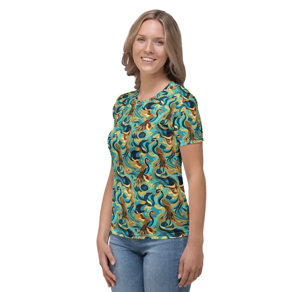 Gilded Crane Rhapsody on Women's Crew Neck T-Shirt — Left sleeve