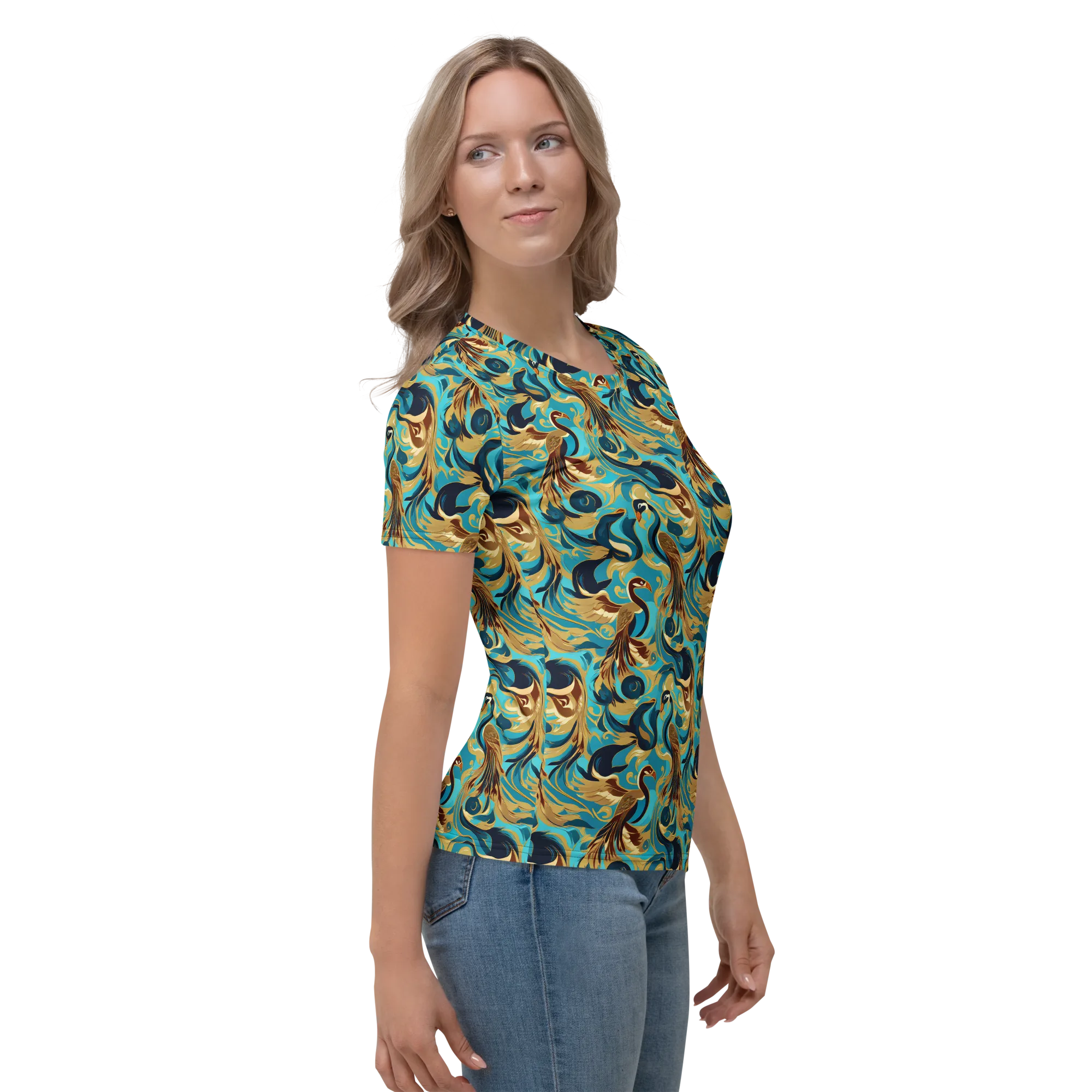 Gilded Crane Rhapsody on Women's Crew Neck T-Shirt — Right sleeve