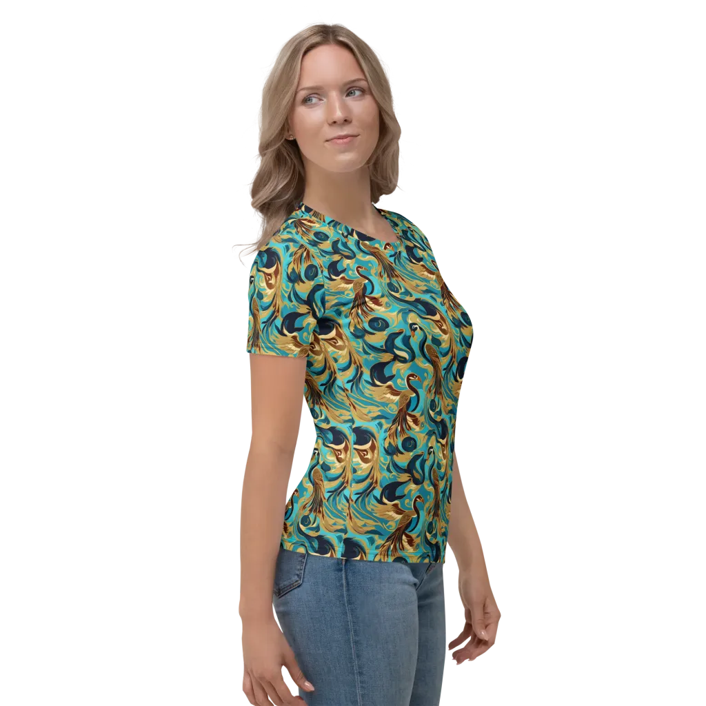 Gilded Crane Rhapsody on Women's Crew Neck T-Shirt — Right sleeve