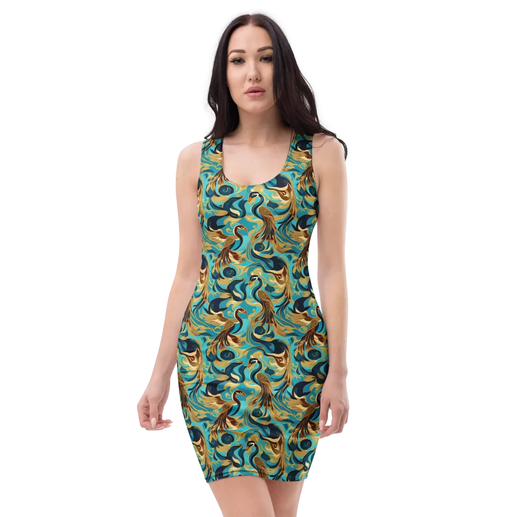 Gilded Crane Rhapsody on Bodycon Dress — Front