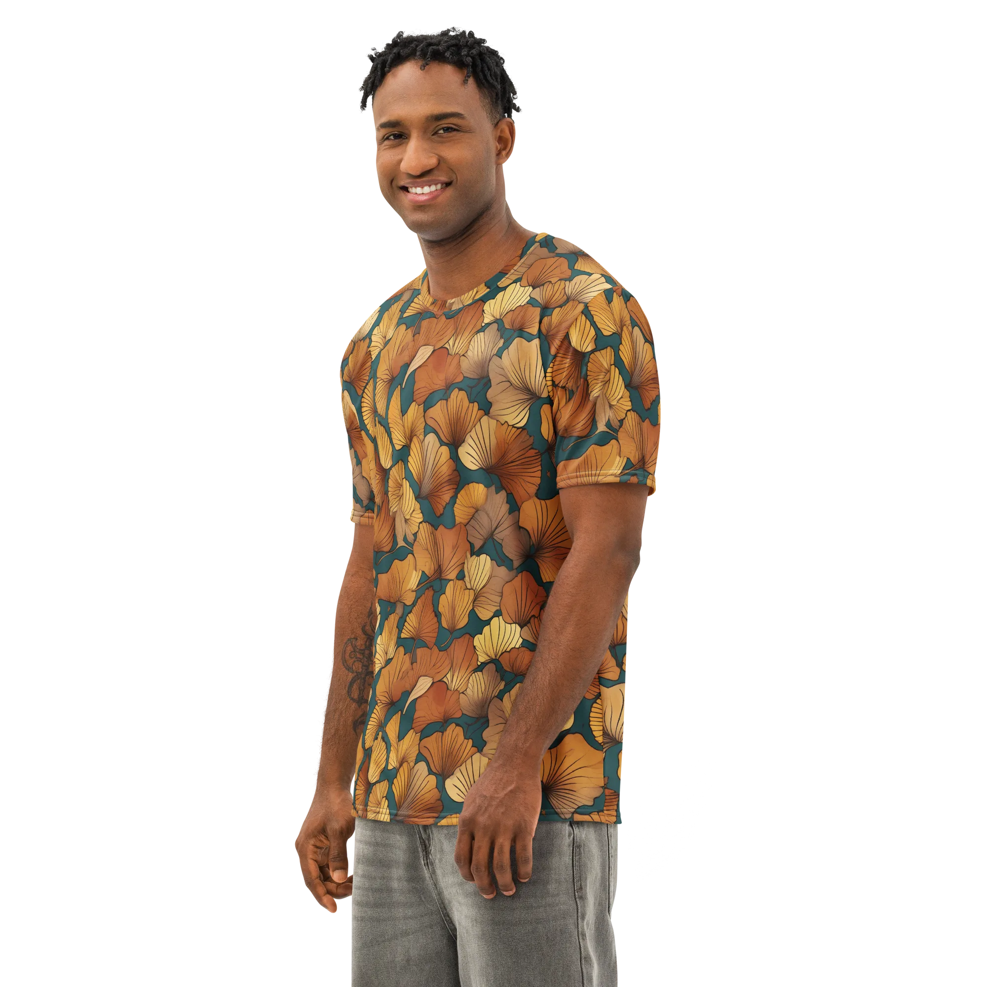 Ginkgo Ember on Men's Cotton Crew Neck T-Shirt — Left Front