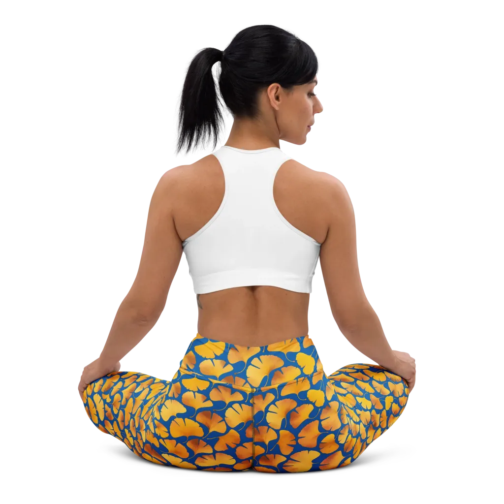Blue Ginkgo on Yoga Leggings — Back waist