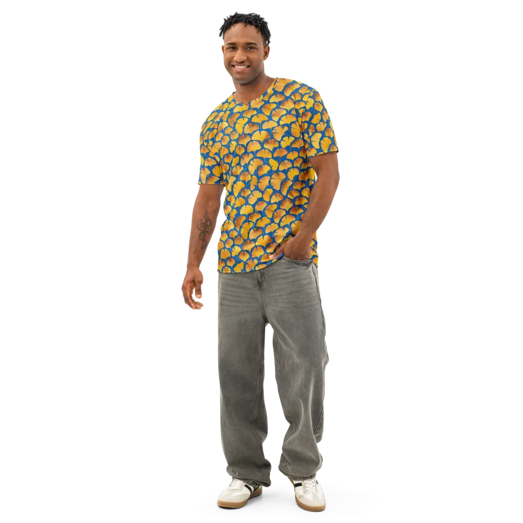 Blue Ginkgo on Men's Cotton Crew Neck T-Shirt — Front