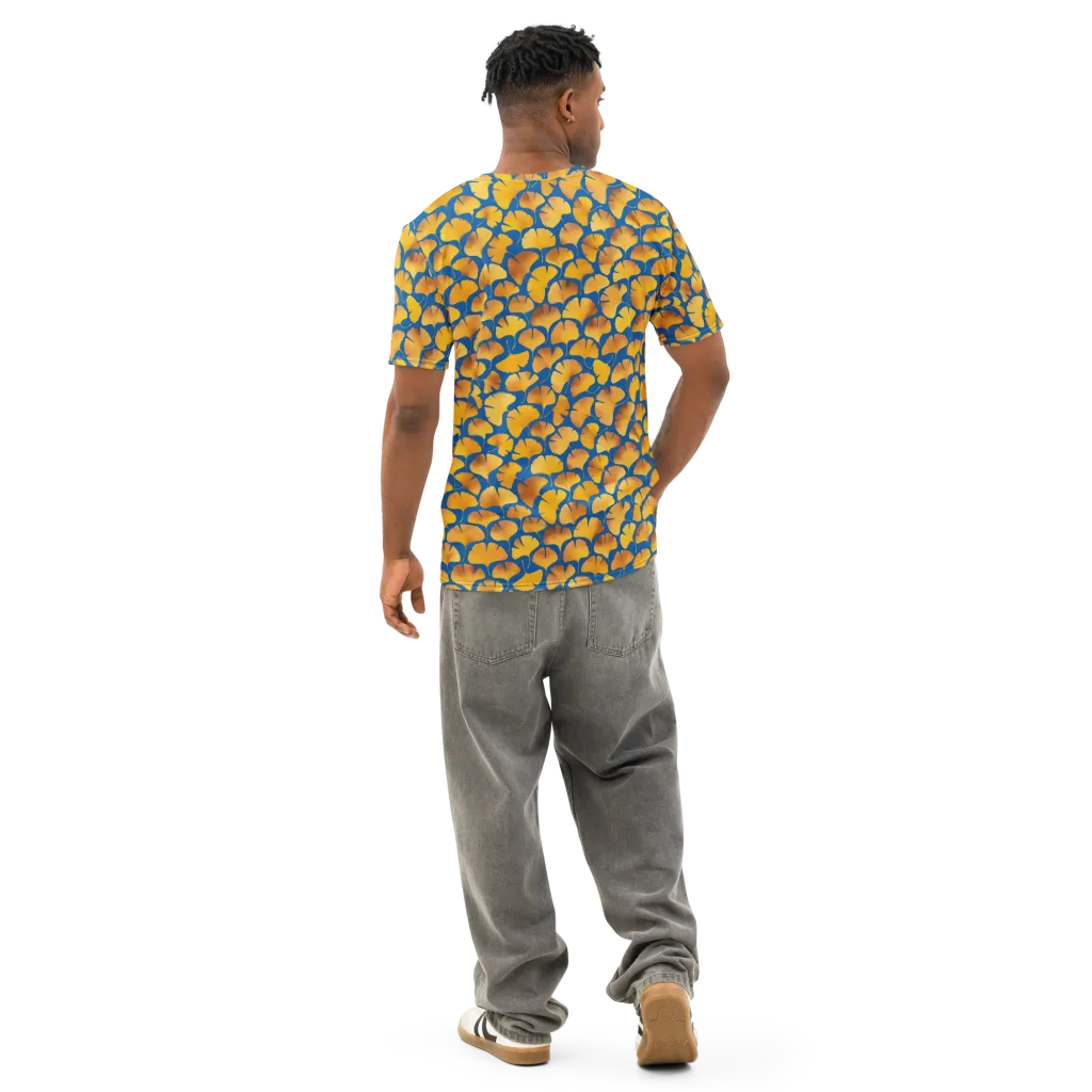 Blue Ginkgo on Men's Cotton Crew Neck T-Shirt — Back