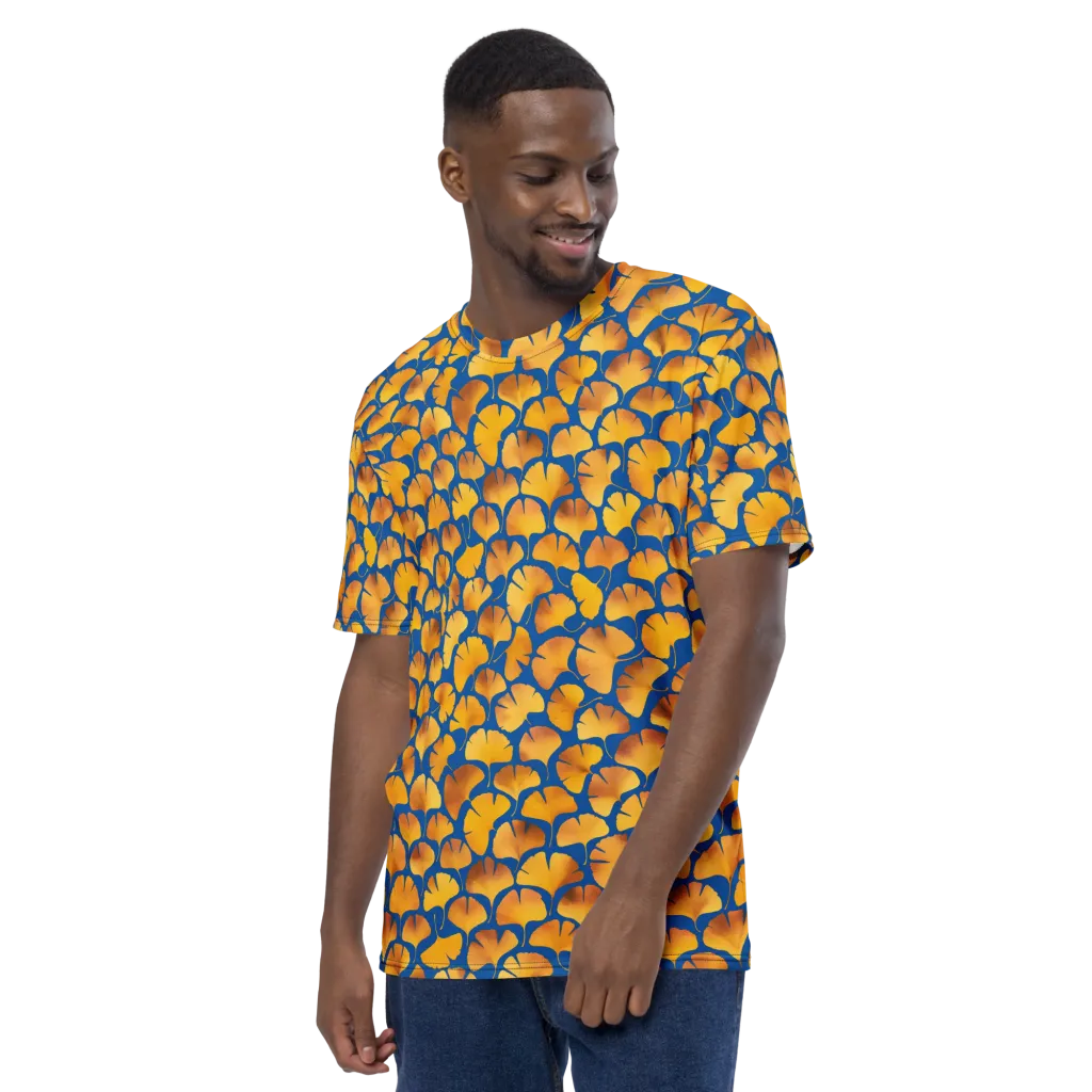 Blue Ginkgo on Men's Crew Neck T-Shirt — Left sleeve