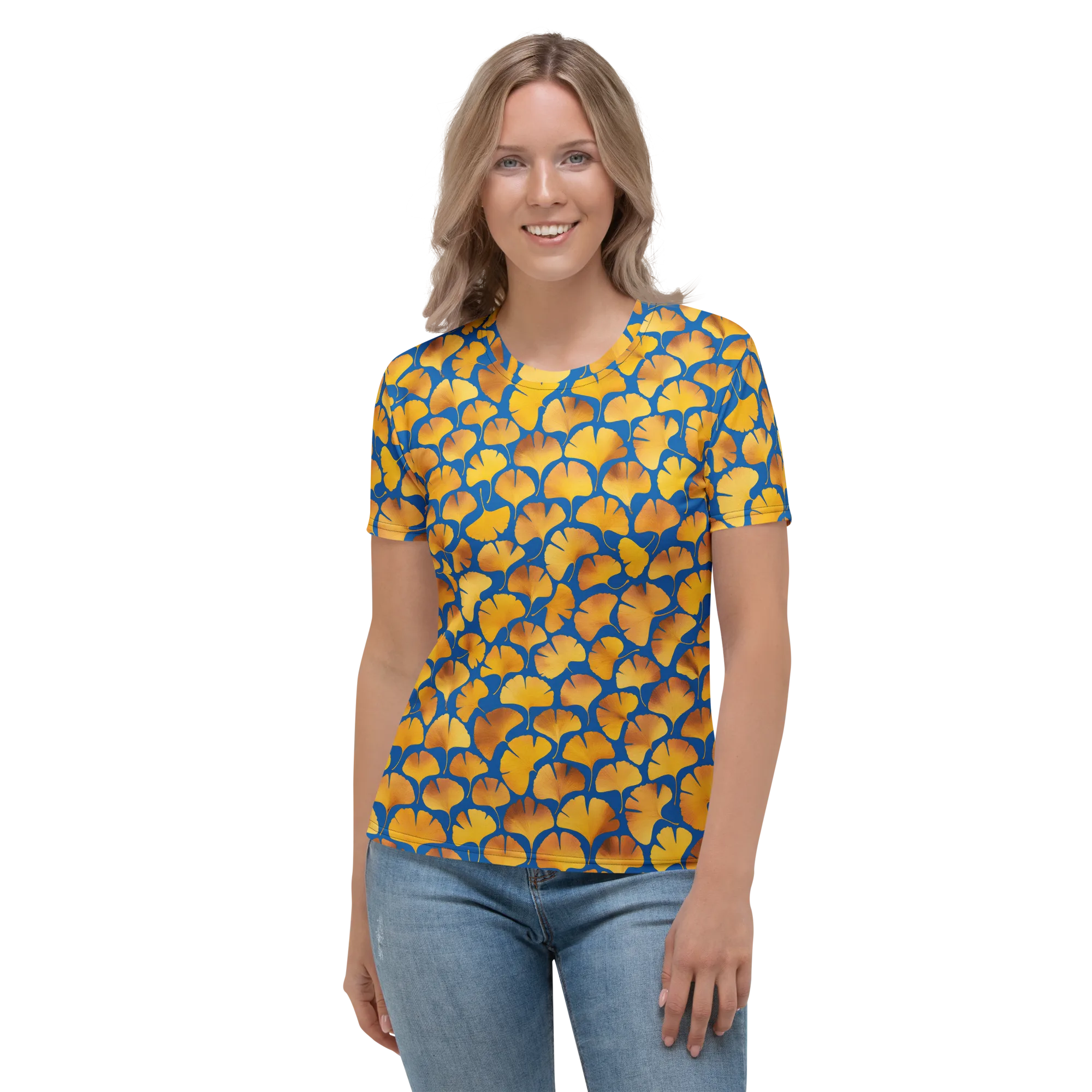 Blue Ginkgo on Women's Crew Neck T-Shirt — Front