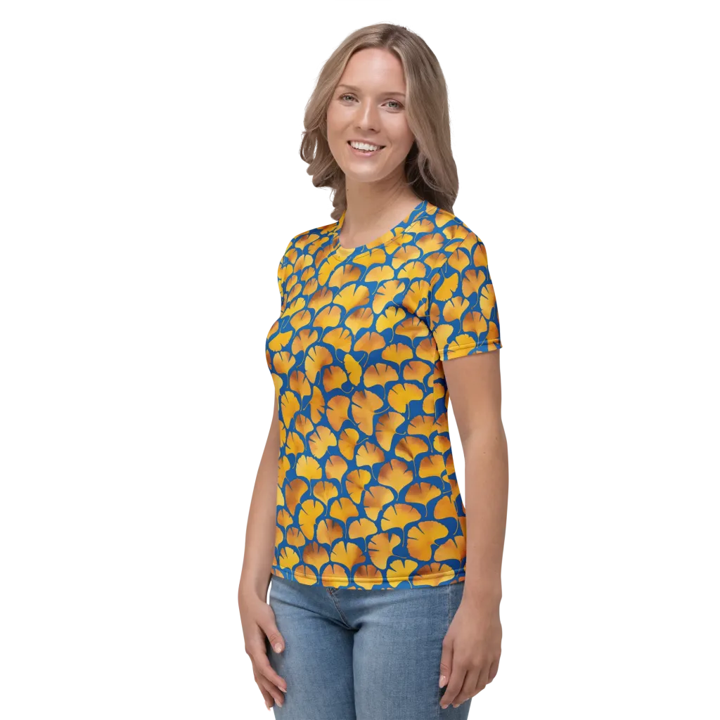 Blue Ginkgo on Women's Crew Neck T-Shirt — Left sleeve