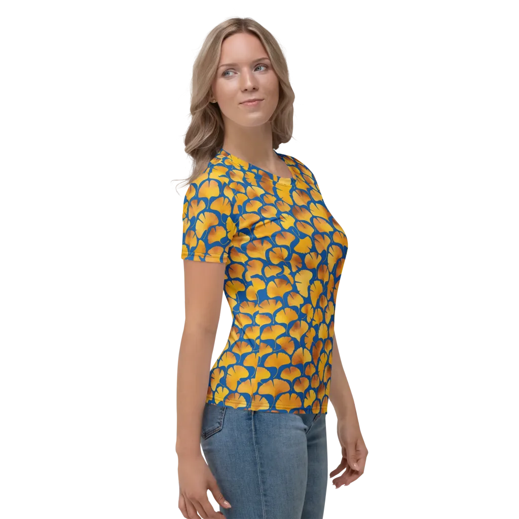 Blue Ginkgo on Women's Crew Neck T-Shirt — Right sleeve