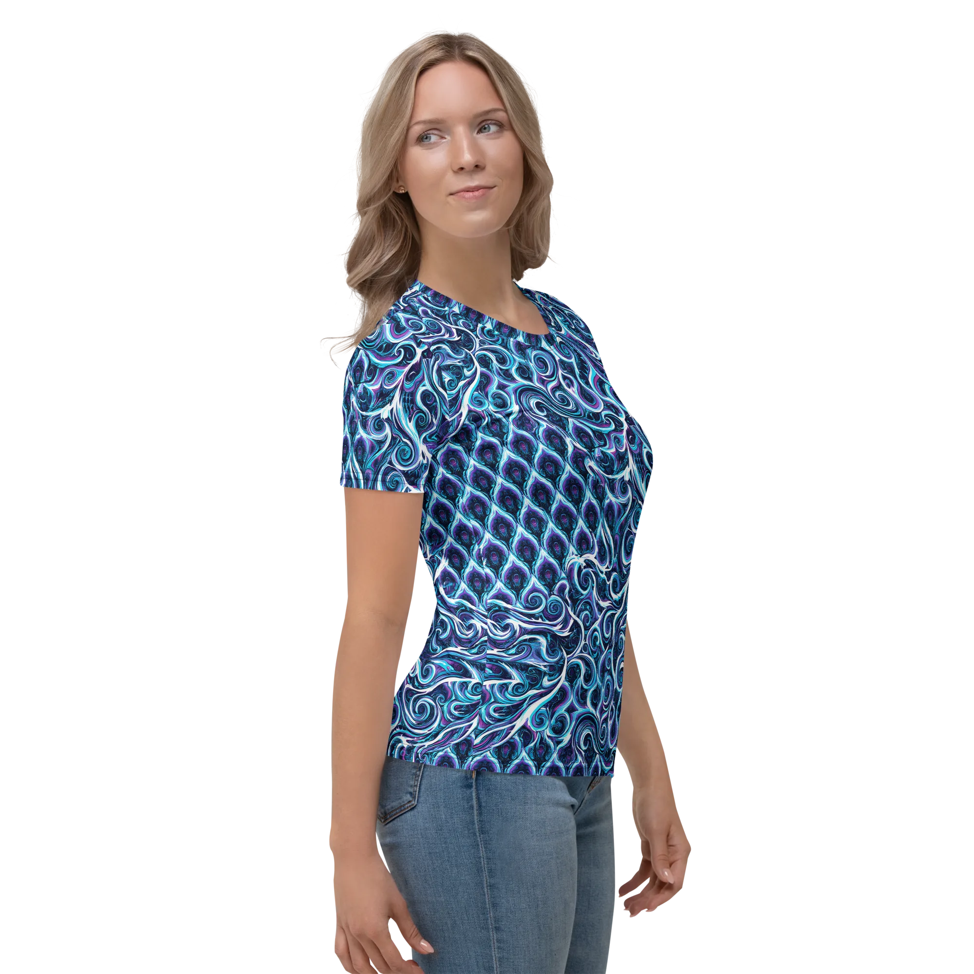 Midnight Whirlpool on Women's Crew Neck T-Shirt — Right sleeve