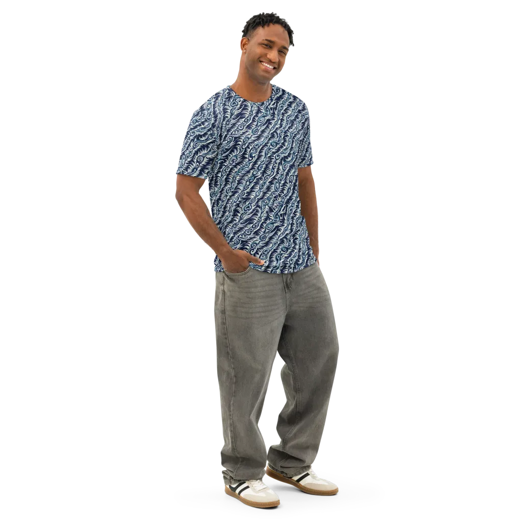 Midnight Tide on Men's Cotton Crew Neck T-Shirt — Right Front