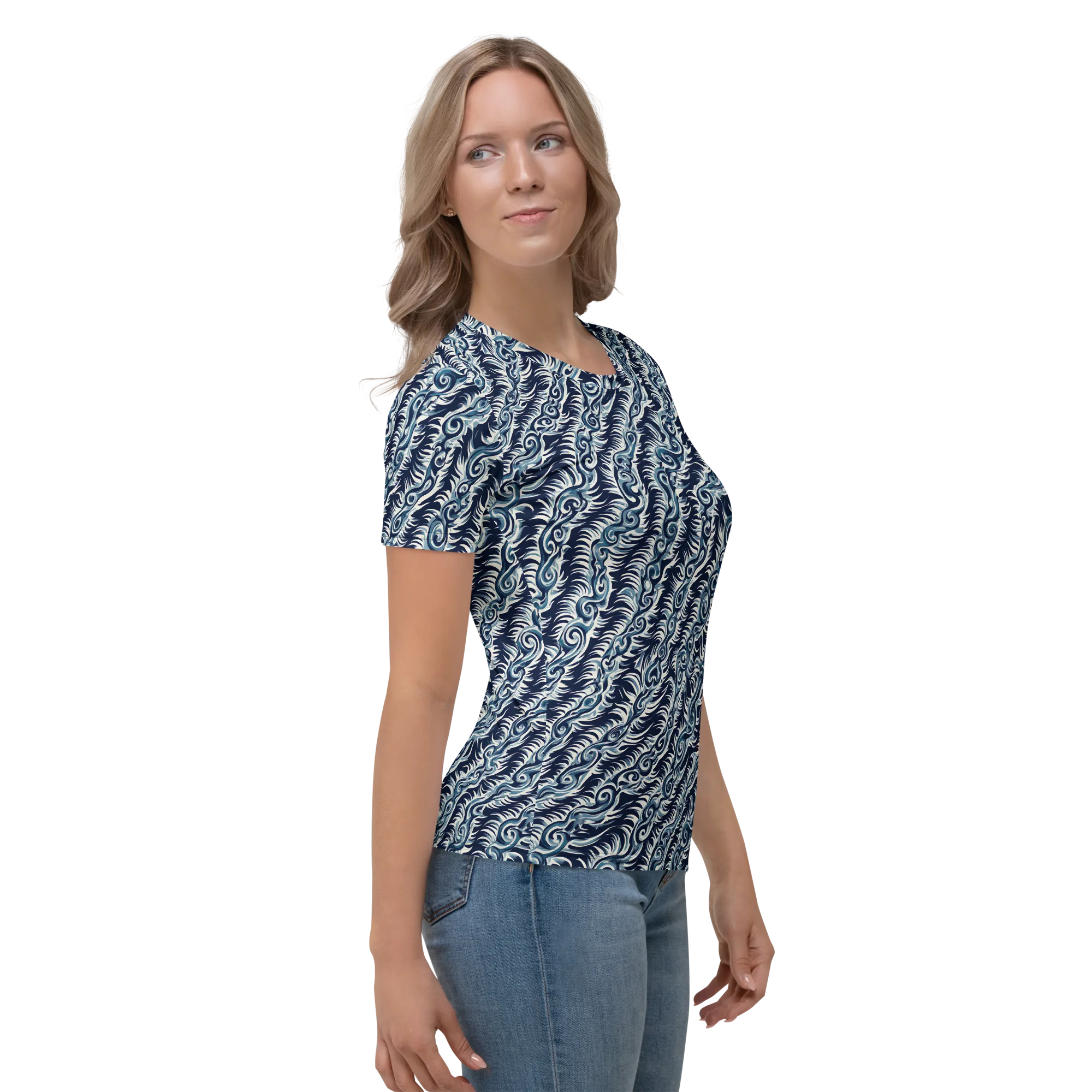 Midnight Tide on Women's Crew Neck T-Shirt — Right sleeve