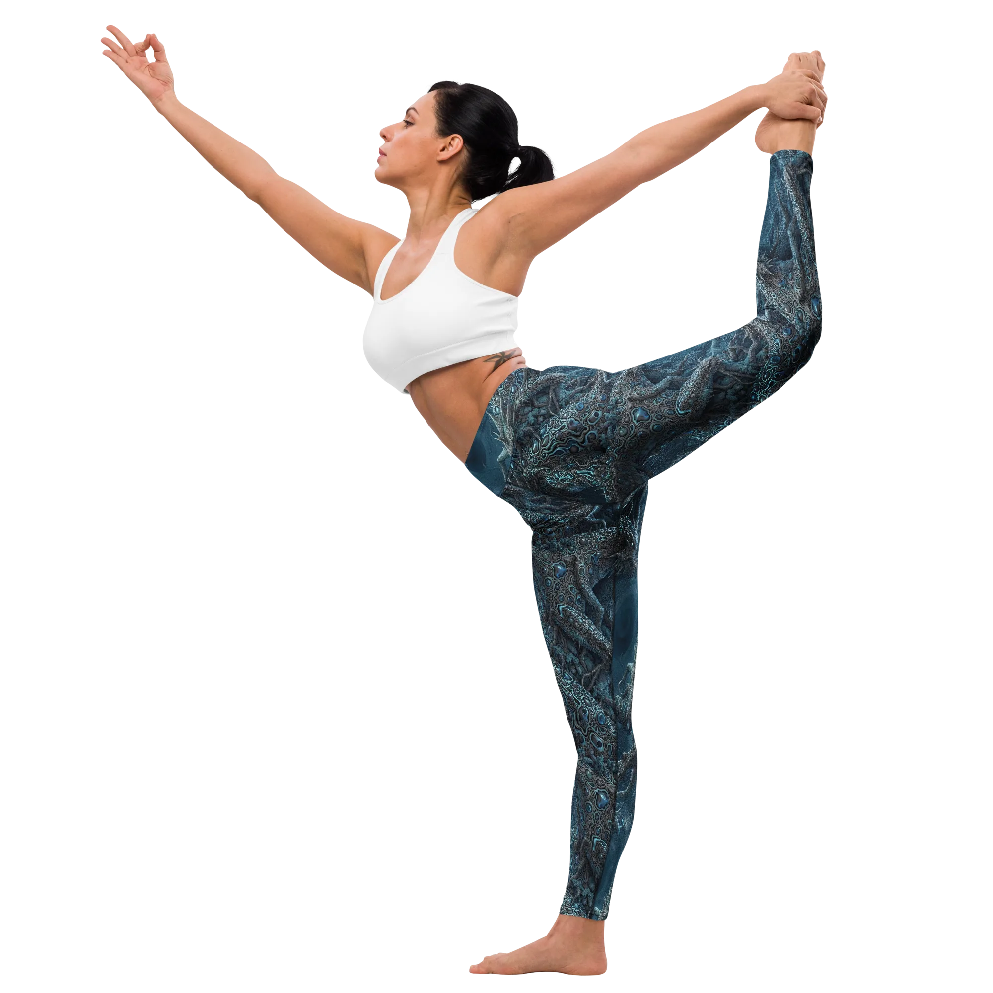Azure Dragonfall on Yoga Leggings — Front waist