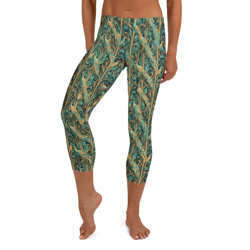 Teal Aviary on Capri Leggings — Front