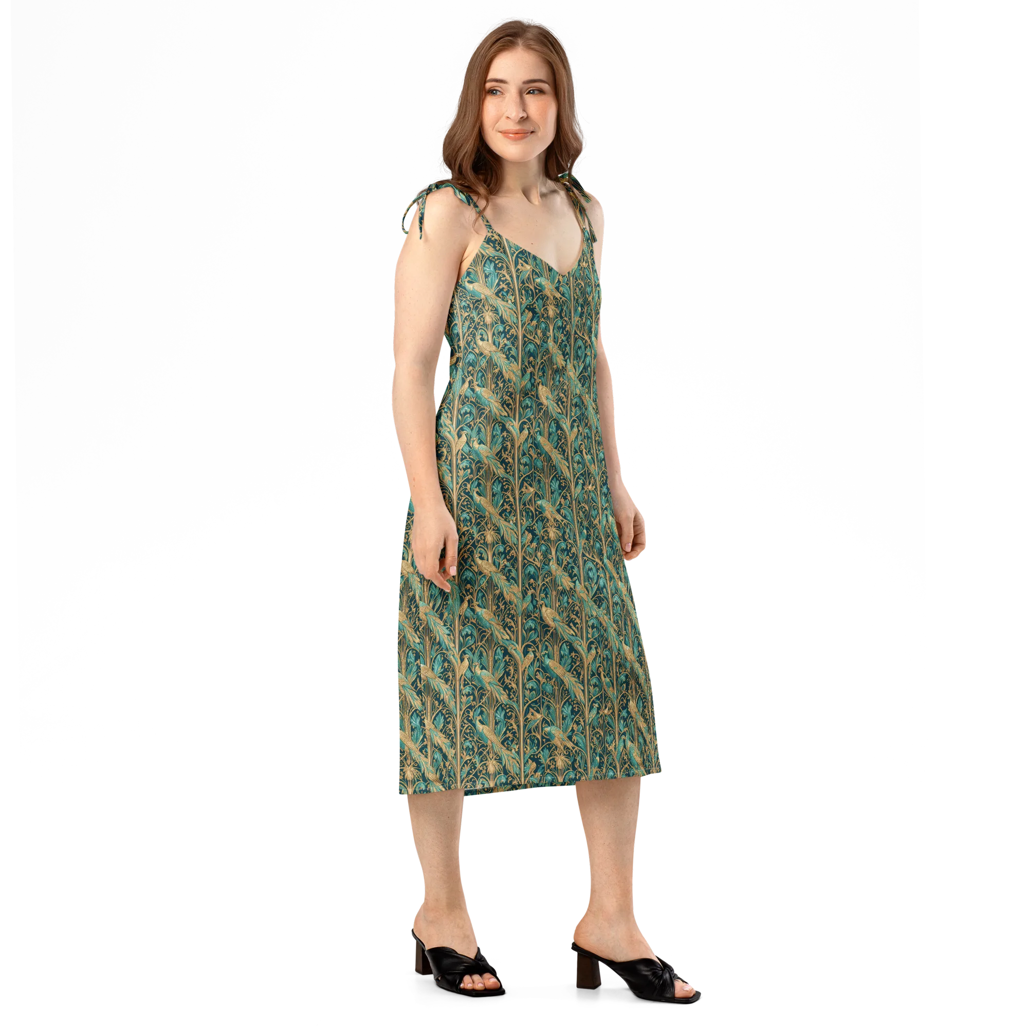 Teal Aviary on Slip Dress — Right Front
