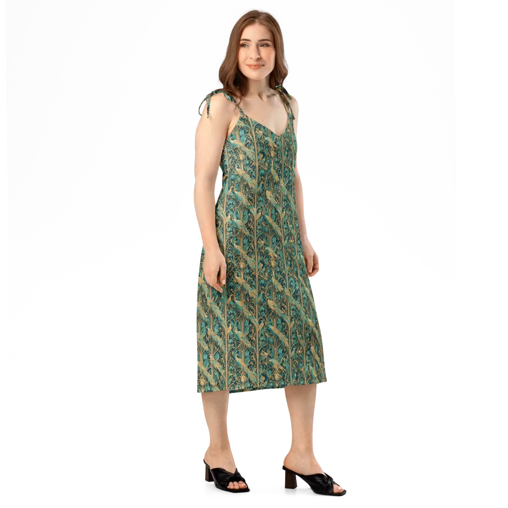 Teal Aviary on Slip Dress — Right Front