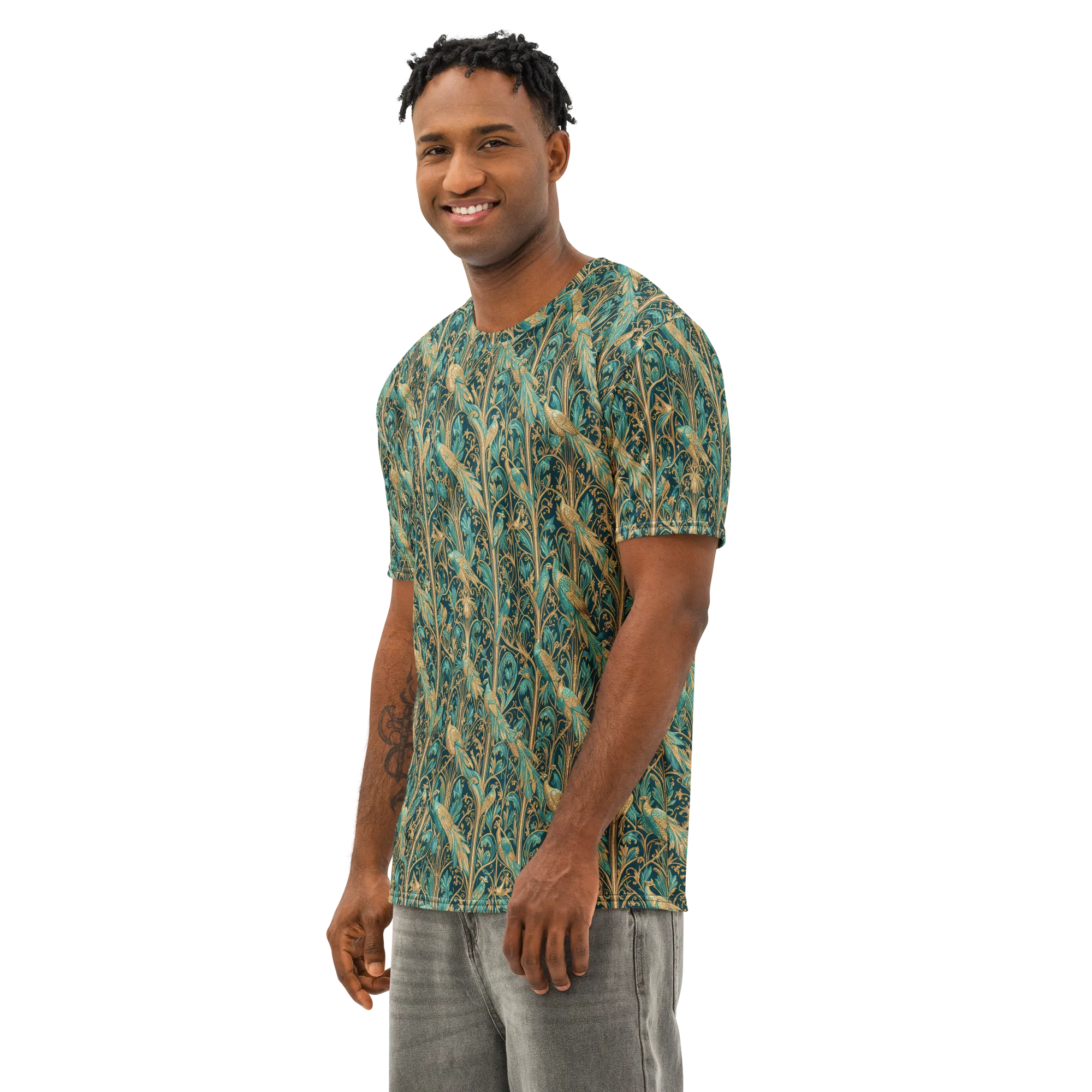 Teal Aviary on Men's Cotton Crew Neck T-Shirt — Left Front