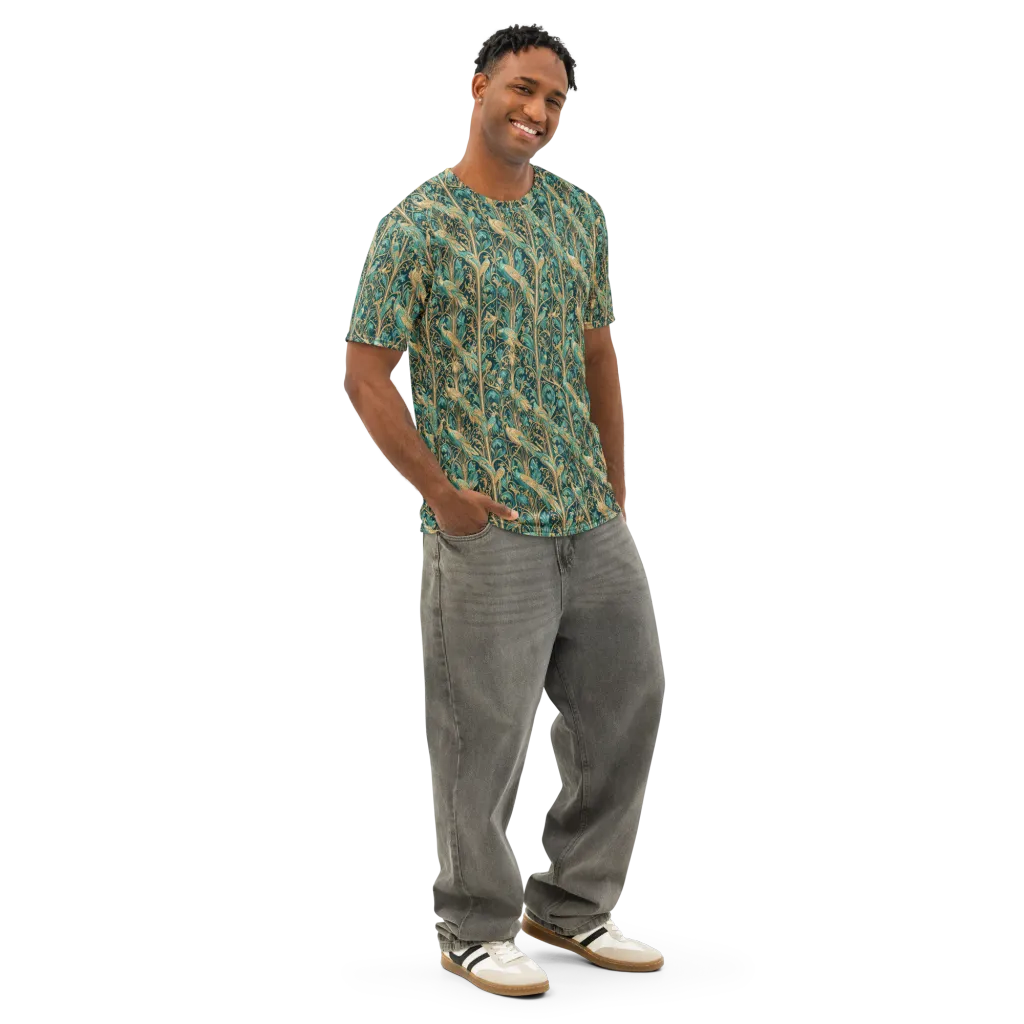 Teal Aviary on Men's Cotton Crew Neck T-Shirt — Right Front