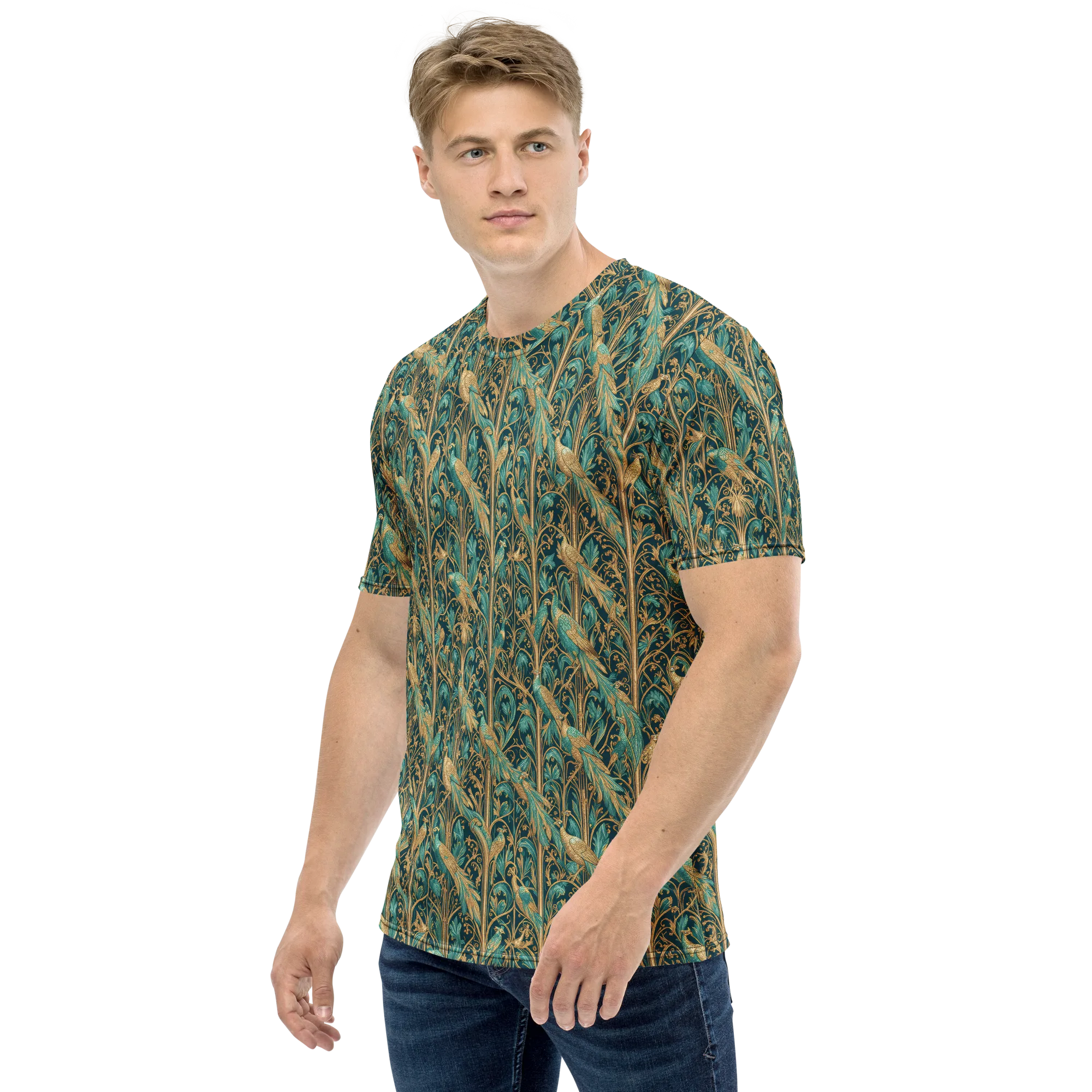 Teal Aviary on Men's Crew Neck T-Shirt — Left sleeve