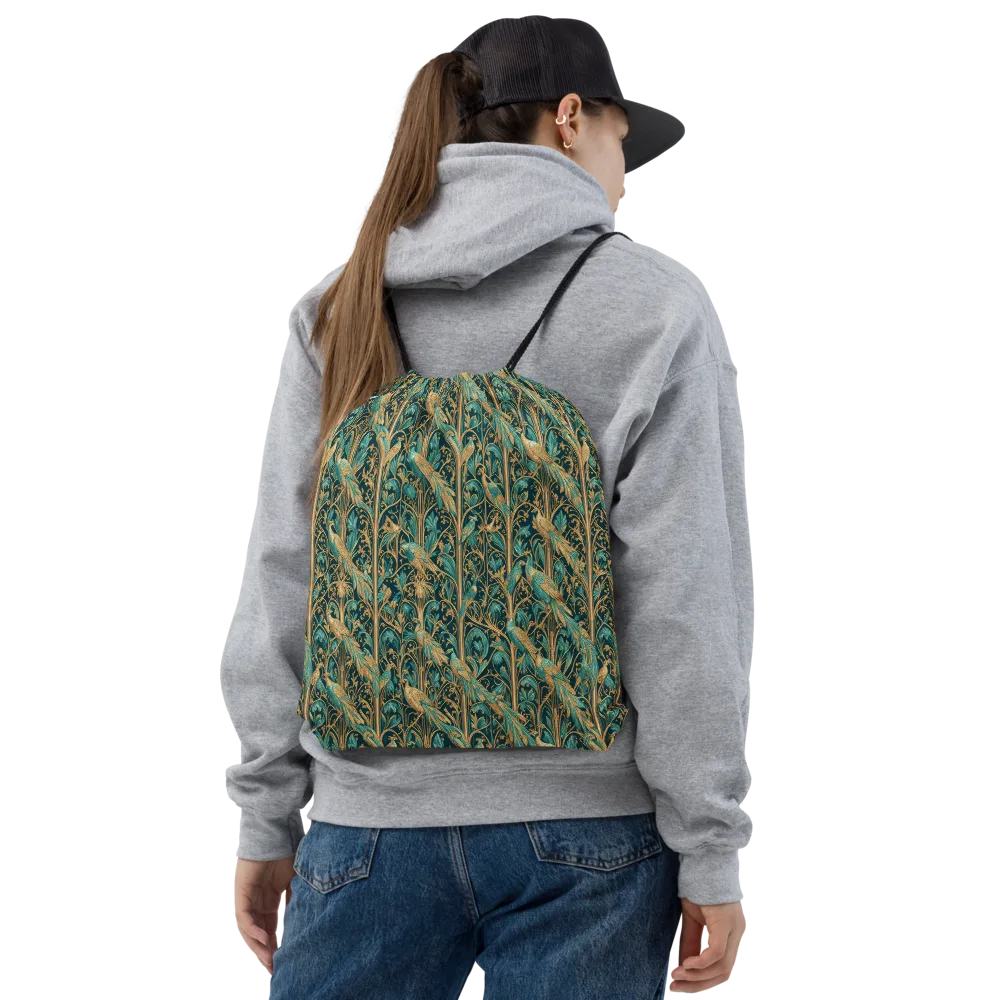 Teal Aviary on Drawstring Bag — Front