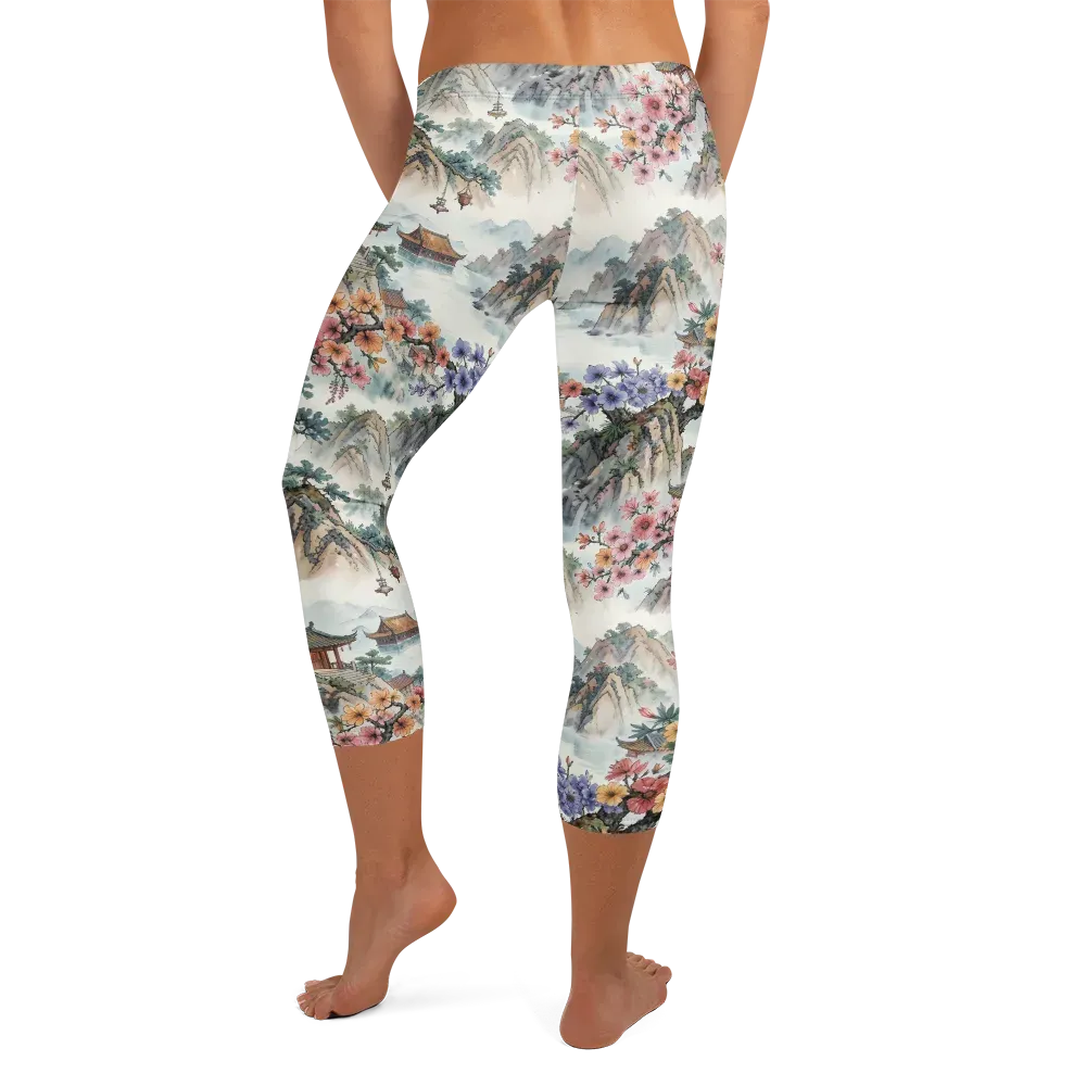 Jade Mountain Blossom on Capri Leggings — Back
