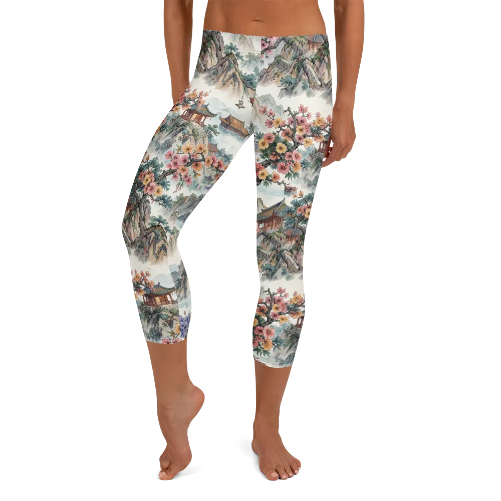 Jade Mountain Blossom on Capri Leggings — Front