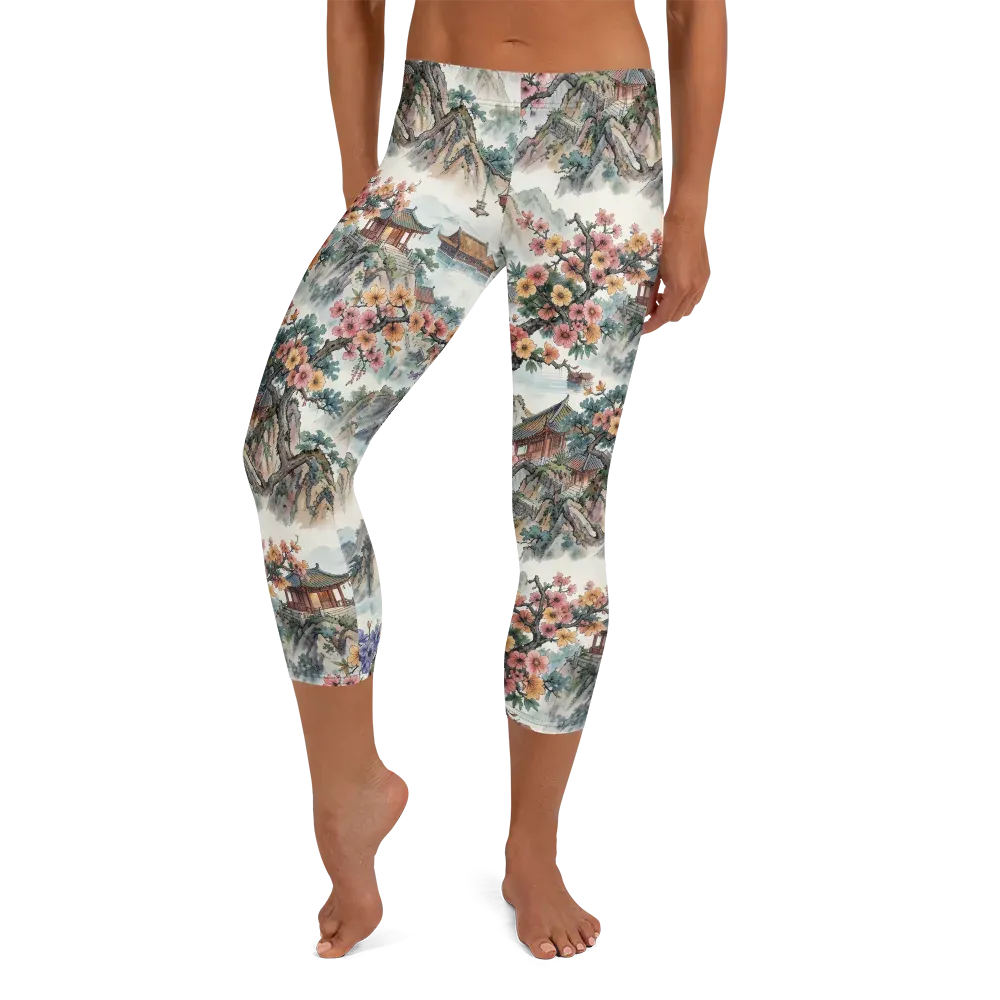 Jade Mountain Blossom on Capri Leggings — Front