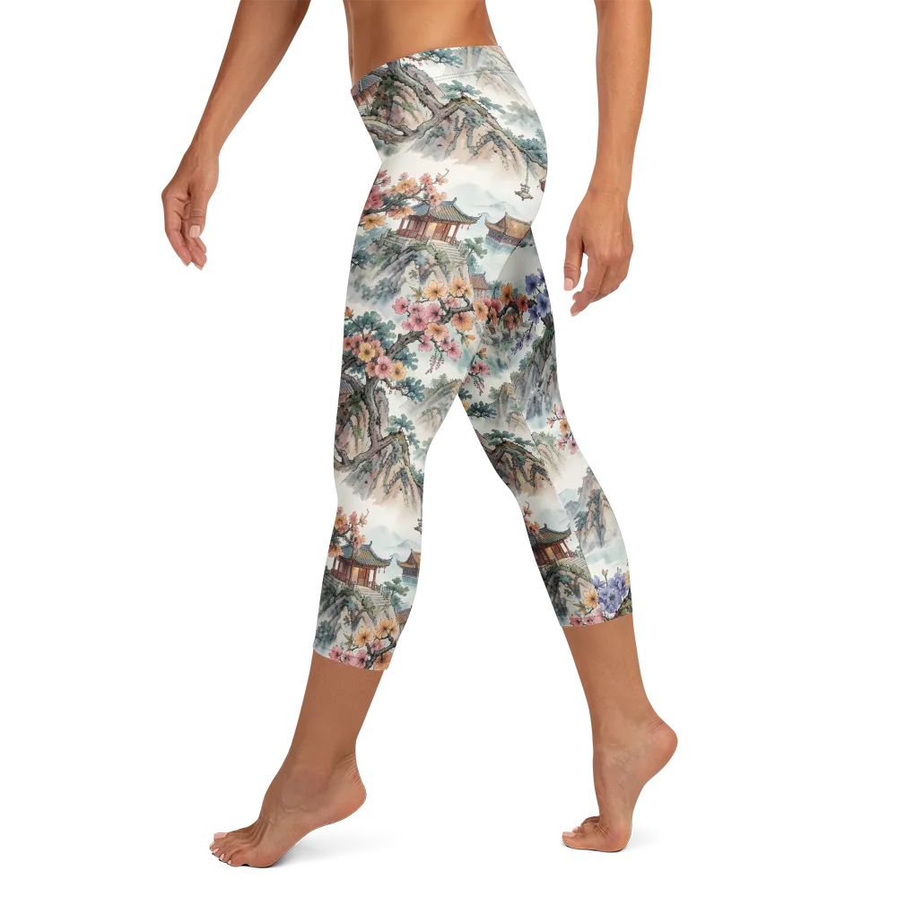 Jade Mountain Blossom on Capri Leggings — Left