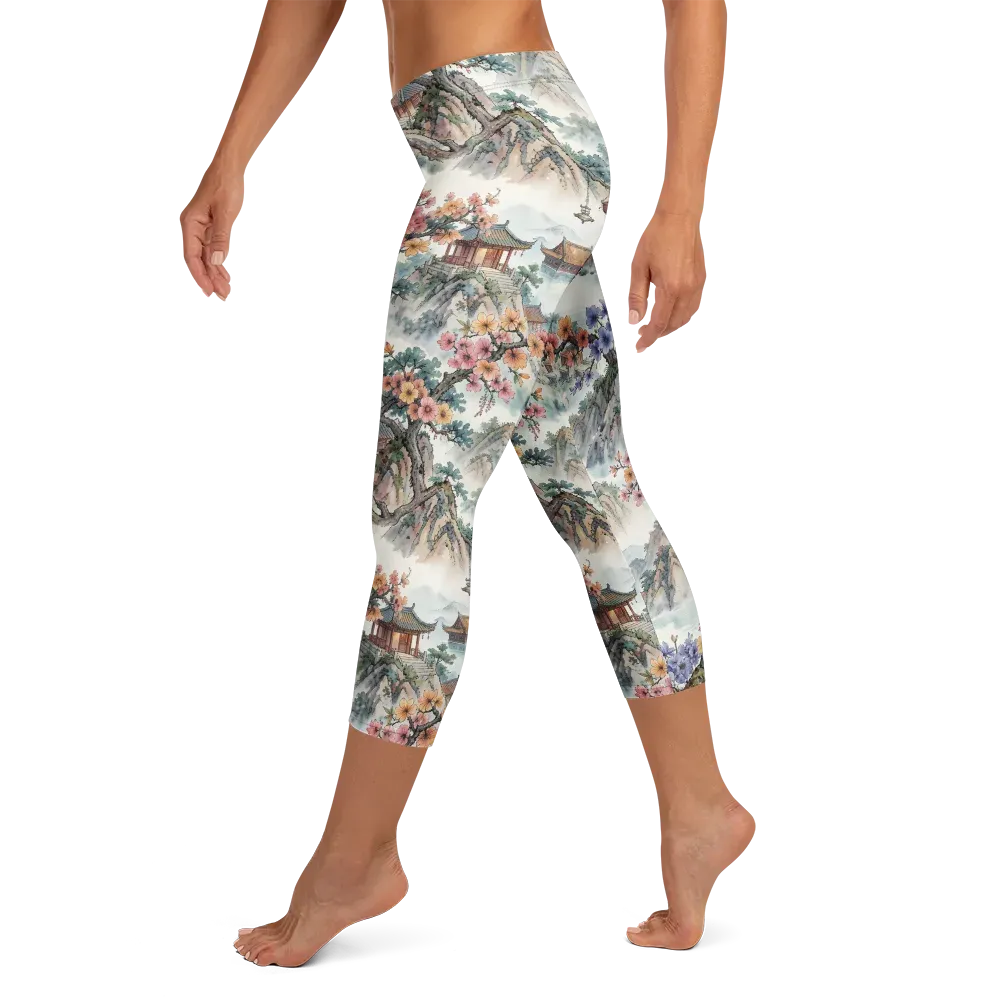 Jade Mountain Blossom on Capri Leggings — Left