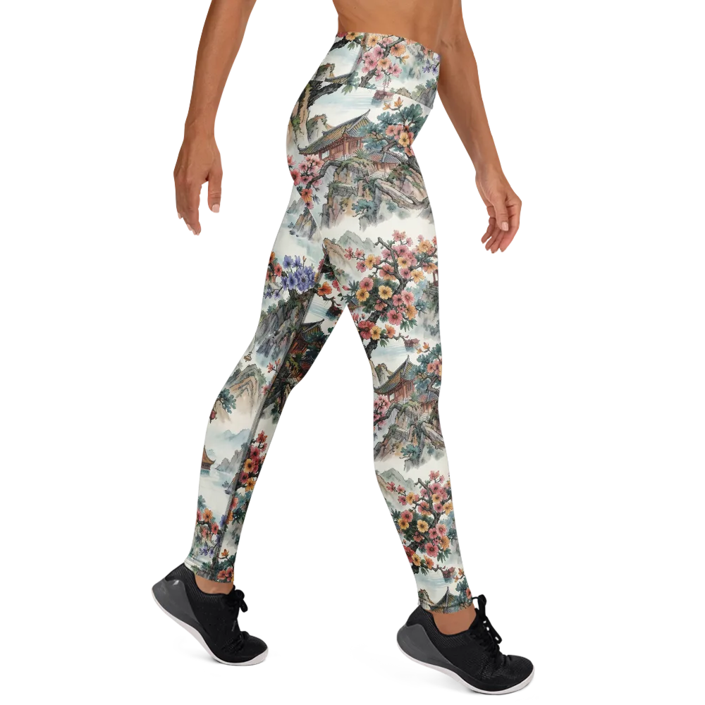 Jade Mountain Blossom on Yoga Leggings — Front waist