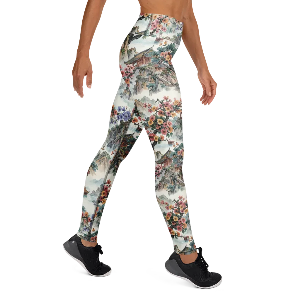 Jade Mountain Blossom on Yoga Leggings — Front waist
