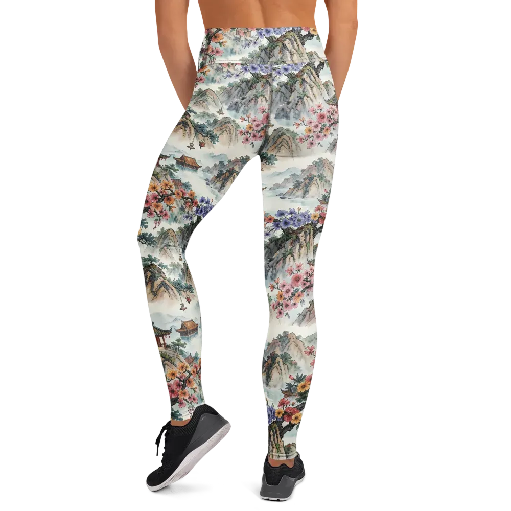 Jade Mountain Blossom on Yoga Leggings — Back