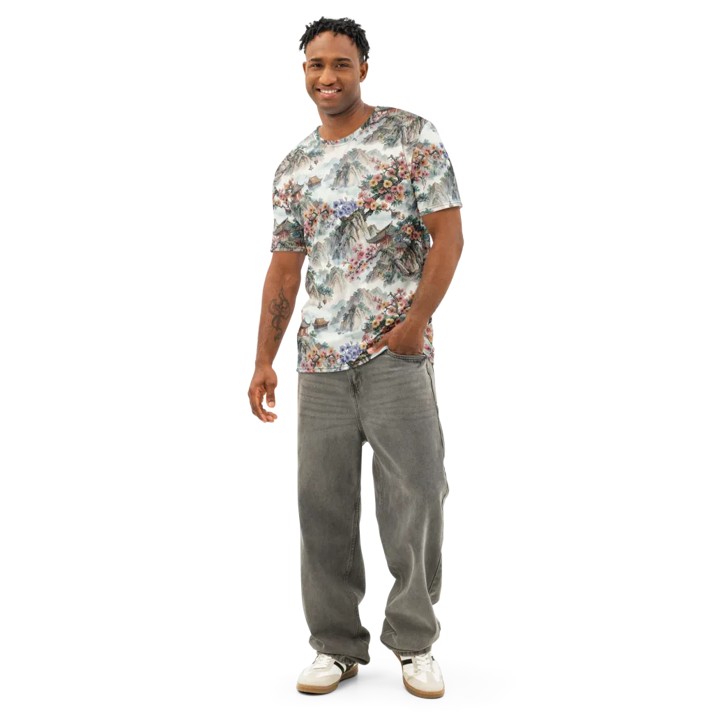 Jade Mountain Blossom on Men's Cotton Crew Neck T-Shirt — Front