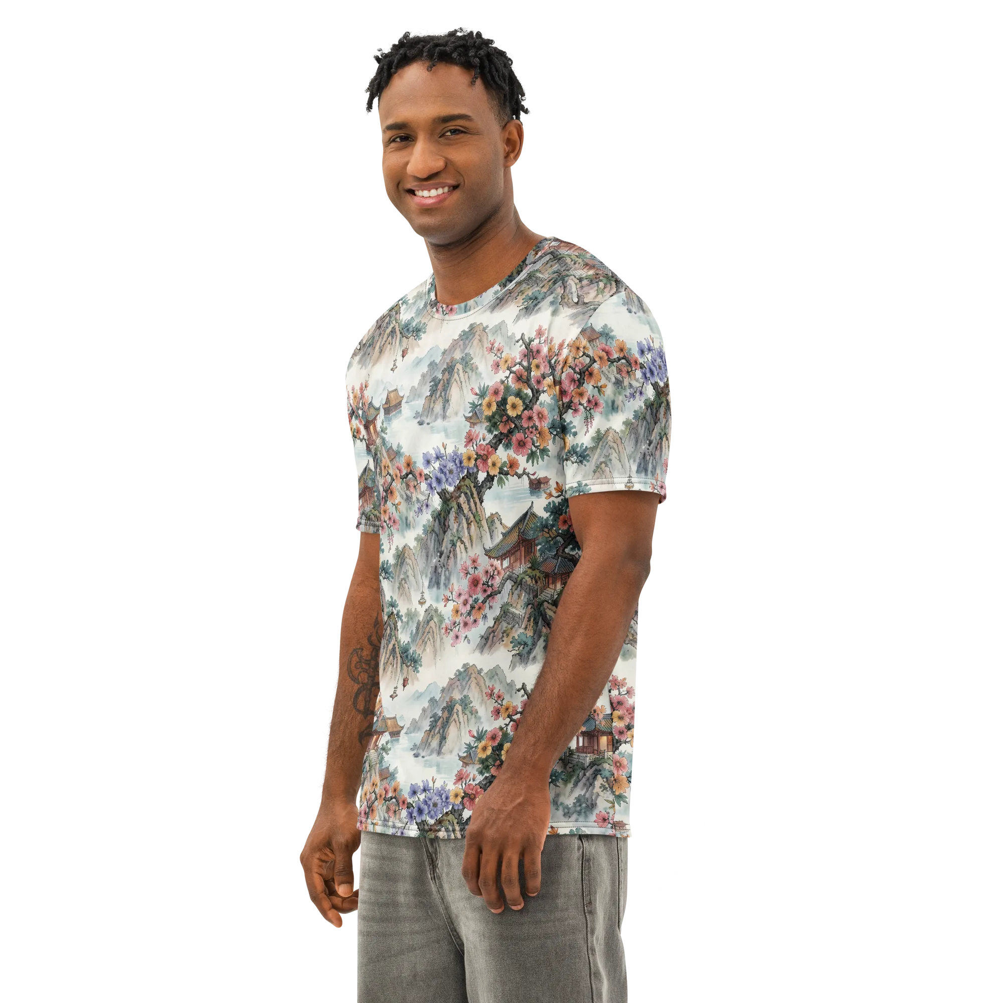 Jade Mountain Blossom on Men's Cotton Crew Neck T-Shirt — Left Front