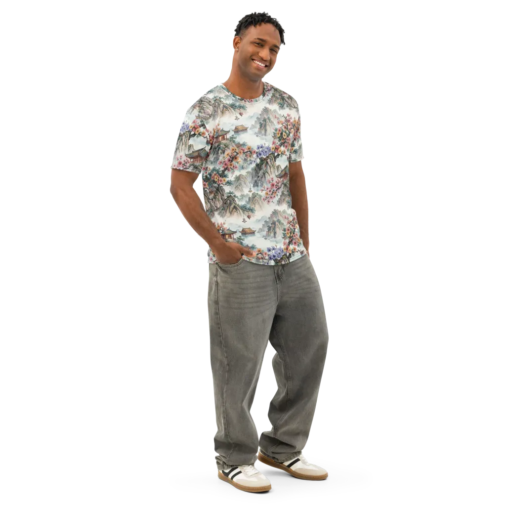 Jade Mountain Blossom on Men's Cotton Crew Neck T-Shirt — Right Front