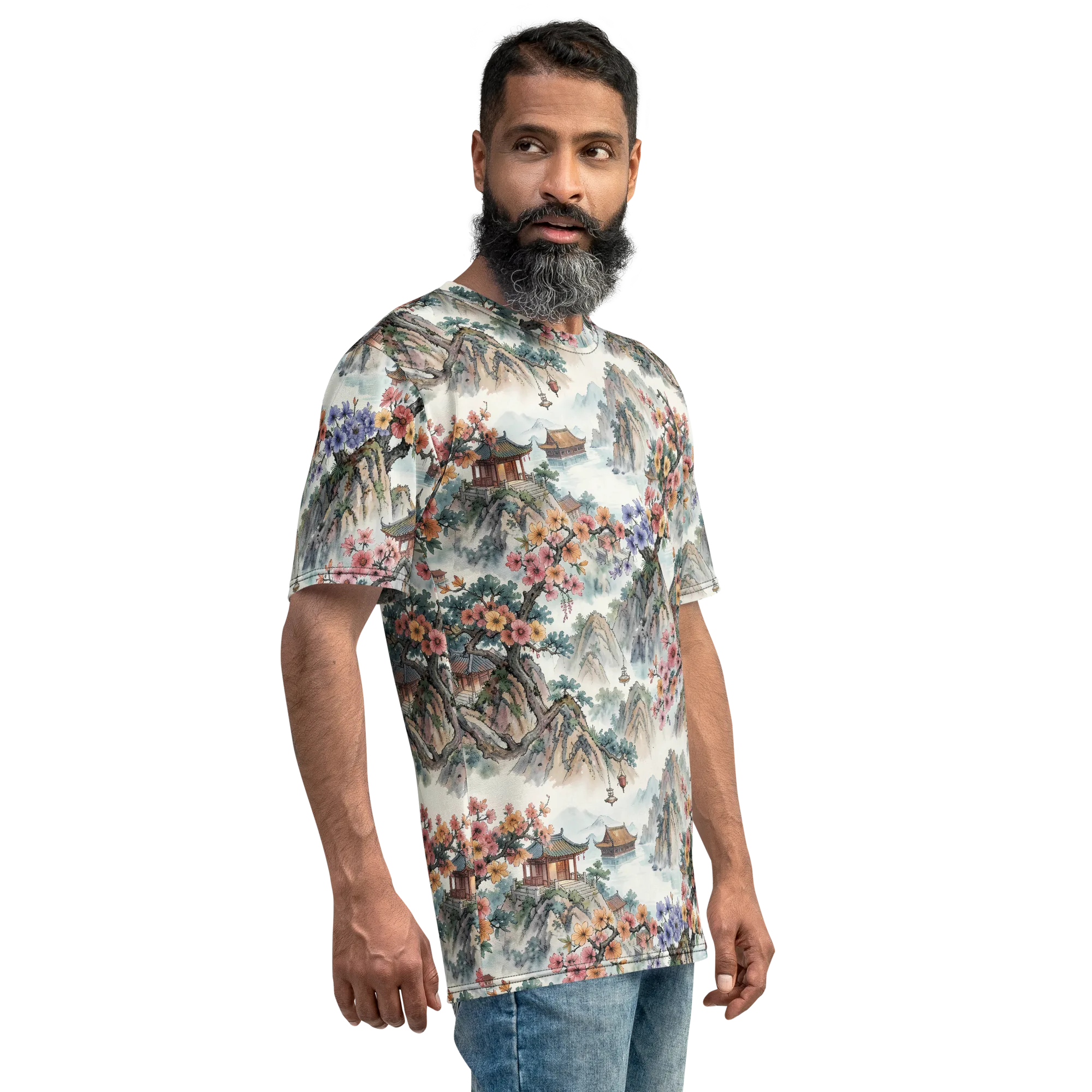 Jade Mountain Blossom on Men's Crew Neck T-Shirt — Right sleeve