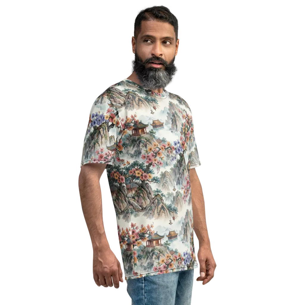 Jade Mountain Blossom on Men's Crew Neck T-Shirt — Right sleeve