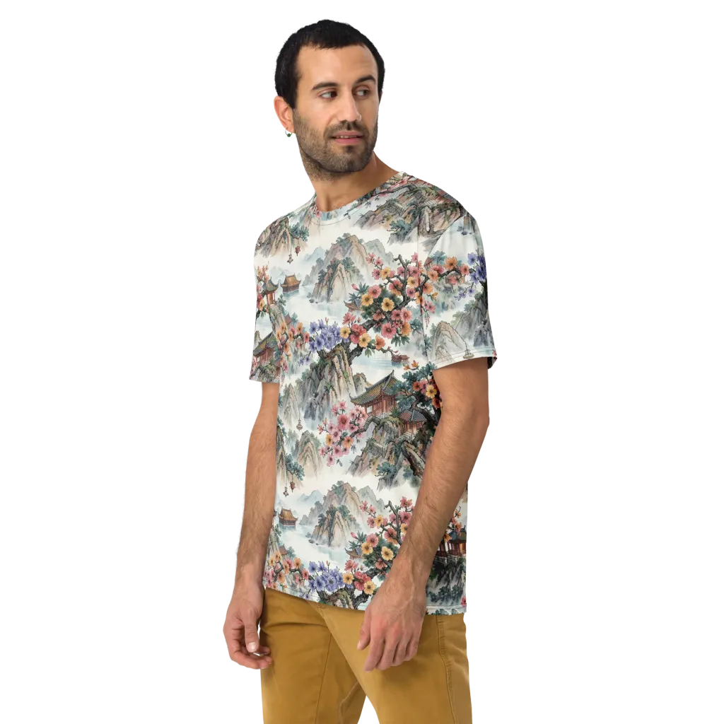 Jade Mountain Blossom on Men's Crew Neck T-Shirt — Left sleeve