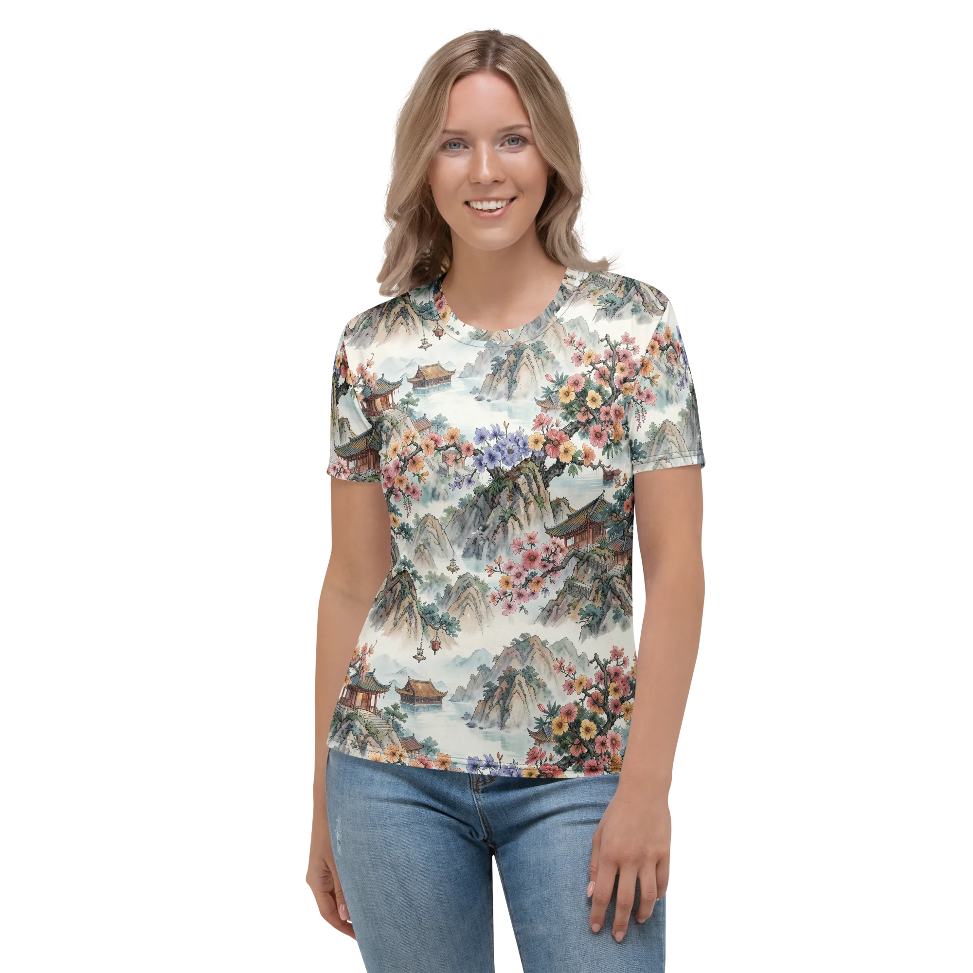 Jade Mountain Blossom on Women's Crew Neck T-Shirt — Front