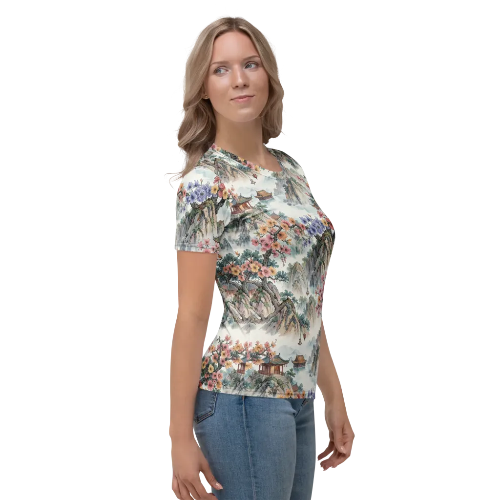 Jade Mountain Blossom on Women's Crew Neck T-Shirt — Right sleeve