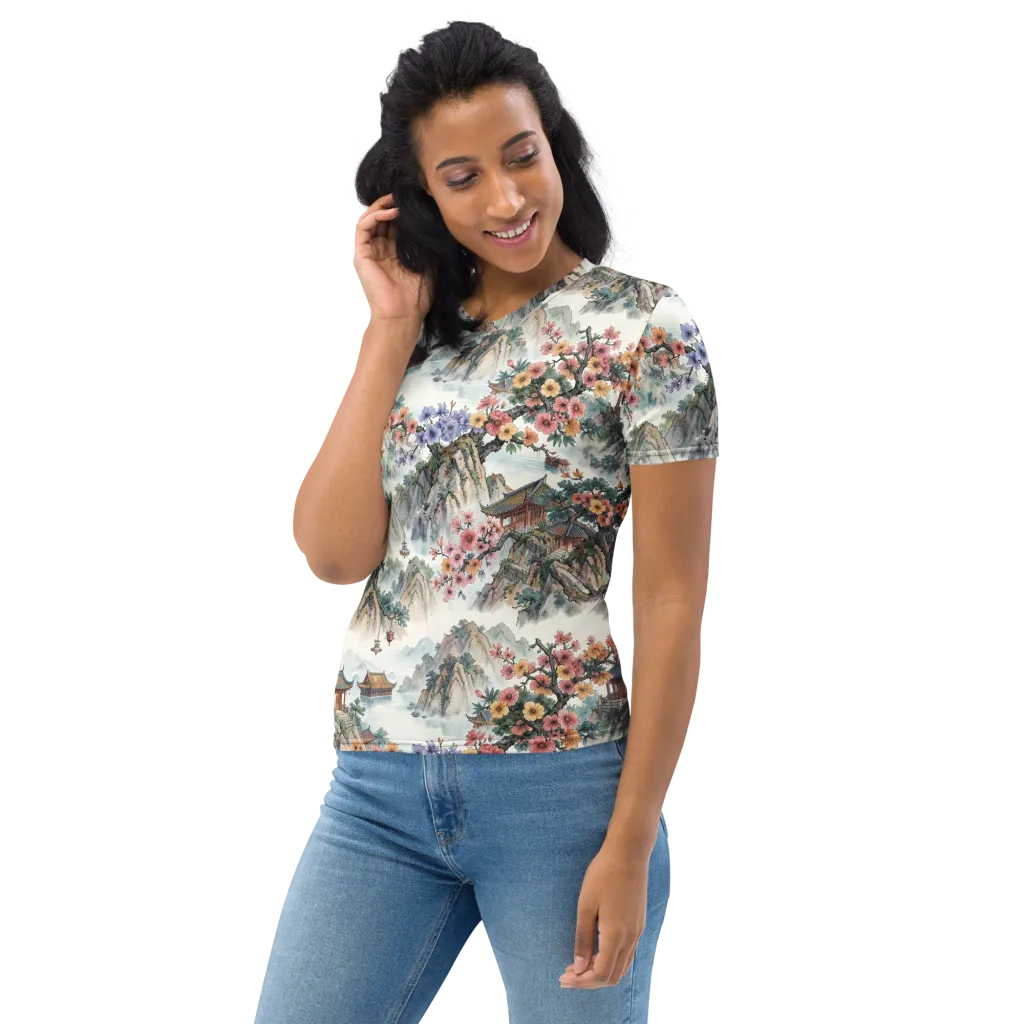 Jade Mountain Blossom on Women's Crew Neck T-Shirt — Left sleeve