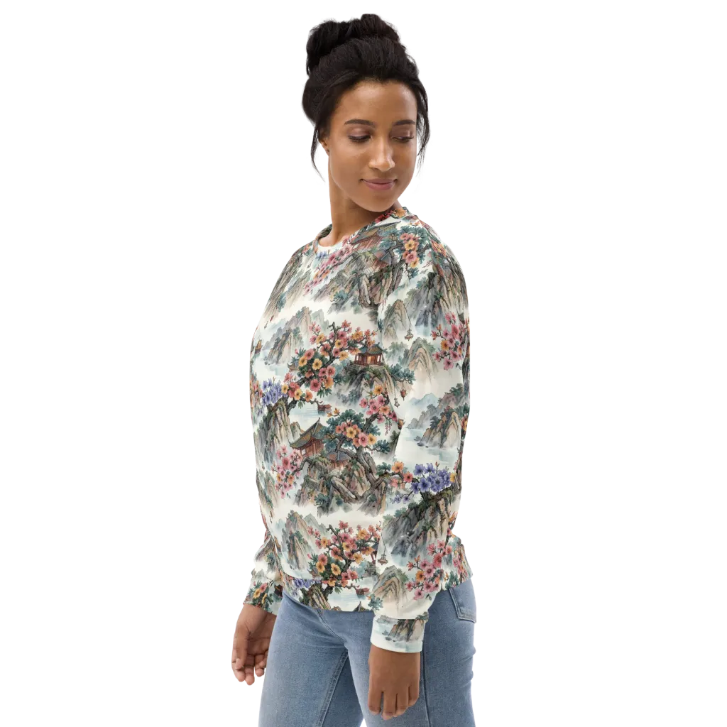 Jade Mountain Blossom on Sweatshirt — Left sleeve